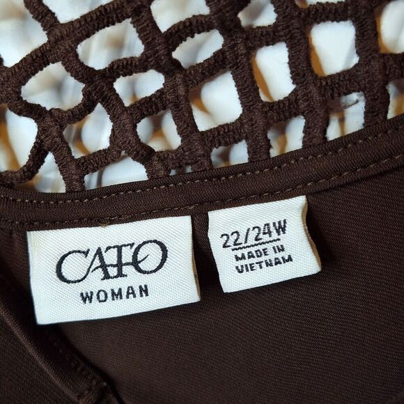 Cato Woman Size 22/24W Tunic Top Brown Crochet Back Neckline Relaxed‎ Stretch - Picture 9 of 11